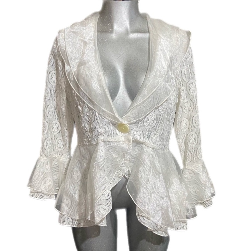 Eyelet Elegant White Lace Bridal Jacket Cardigan Tiered Glam Bell Sleeves Large